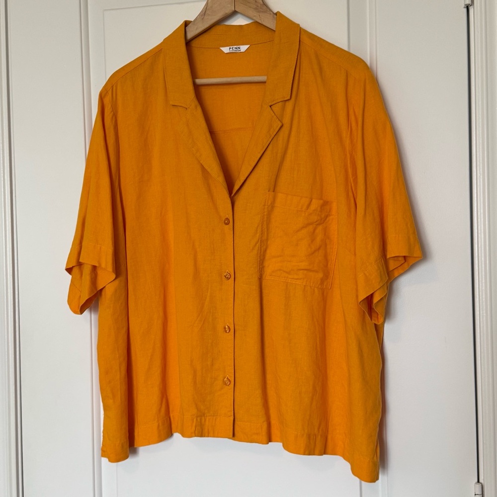 Penningtons Linen Blend Short Sleeve Button down Blouse Orange Citrine Size 2X